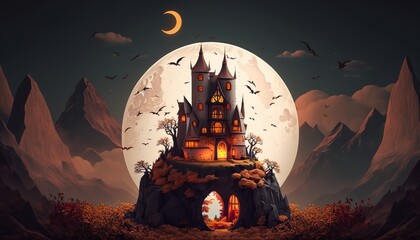 ﻿A card with a castle on a mountain for Halloween AI generation - obrazy, fototapety, plakaty