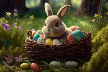 Cute easter bunny in basket filled with colorful easter eggs. Generative AI.