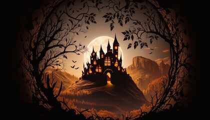 ﻿Eine Halloween-Karte mit einem Schloss auf einem Berg AI Generation. - obrazy, fototapety, plakaty