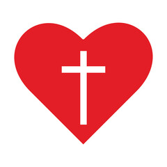 Obraz premium Christian cross icon in the heart inside. Jesus love symbol. God vector illustration. Catholic symbol flat vector, cross inside heart. Symbol of Christian cross inside heart shape.