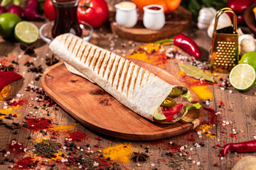 Delicious Kebab Wrap  Grilled Kebab in Lavash Flavorful Kebab Roll Spiced Kebab in Flatbread shawarma