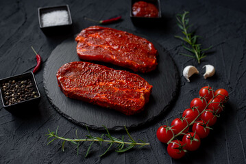marinated raw pork steaks on stone background