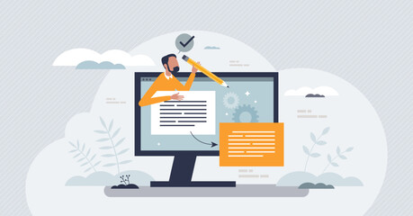 Paraphrasing tool with text conversion to different words tiny person concept. Content restatement with online digital software service for plagiarism vector illustration. Information copy paste.