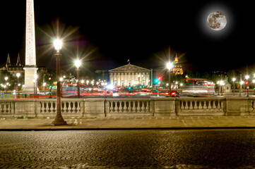 Fototapeta na wymiar Place de la Concorde and Obelisk of Luxor at Night (with the moon), Paris, France
