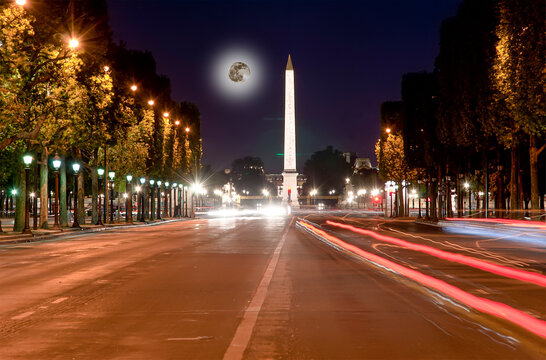 Place de la Concorde and  Obelisk of Luxor at Night (with the moon), Paris, France