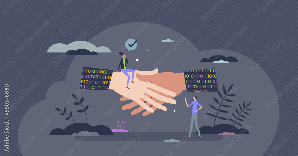 Wall mural Tech regulation or legal technological policy agreement tiny person concept. Digital binary process legislation with EU law implementation vector illustration. Data procedure for collaboration pact. - Wall murals
