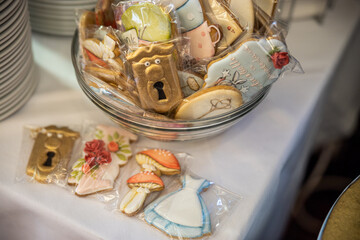 Painted homemade cookies with dress, mushrooms, hat and potions. Colorful children's cookies. High quality photo