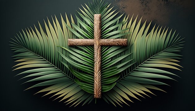 ﻿ with AI generationWorshipers gather with palms crossed and palm leaves on Palm Sunday, ushering in Easter Day festivities AI generation