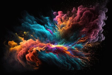 Fototapeta na wymiar Black background with multicolored fractal nebula dust. Generative AI