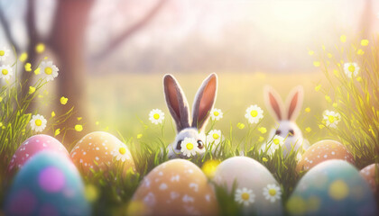 Easter scene. Rabbit ears and easter eggs among the flower field. Based on Generative AI