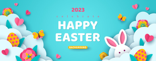 Horizontal banner paper cut clouds, rabbit, eggs and hearts, blue sky background, papercut craft art. Place for text. Happy Easter day sale concept, voucher template. Hare head with ears.