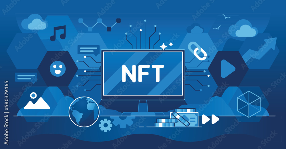Poster nft non fungible token as unique ownership and identifier outline concept. modern digital art proper