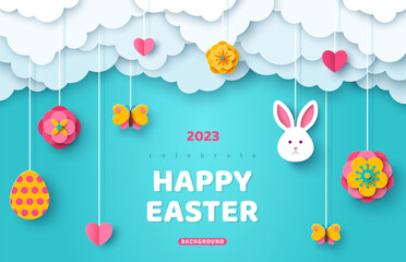 Happy Easter day sale header or voucher template with hanging hearts, flowers, bunny rabbit and egg. Poster banner with blue sky and paper cut clouds. Place for text. - obrazy, fototapety, plakaty