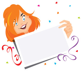 Happy, cheerful girl with blank advertising form. Illustration for internet and mobile website.