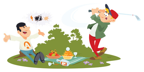 Obraz na płótnie Canvas Golfer interferes with people at picnic. Illustration for internet and mobile website.