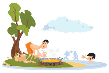 Summer camping. Man cooking food in nature. Illustration for internet and mobile website.