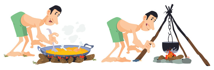 Summer camping. Man cooking food in nature. Illustration for internet and mobile website.