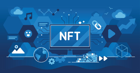 NFT non fungible token as unique ownership and identifier outline concept. Modern digital art property information in blockchain to certify authenticity vector illustration. Intellectual collectibles - obrazy, fototapety, plakaty