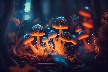 Magical Mushrooms Surrounded by Light in Enchanted Forest. Generative AI