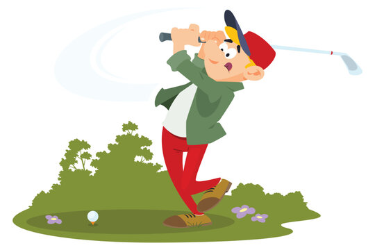 Funny golf player hits ball. Illustration for internet and mobile website.