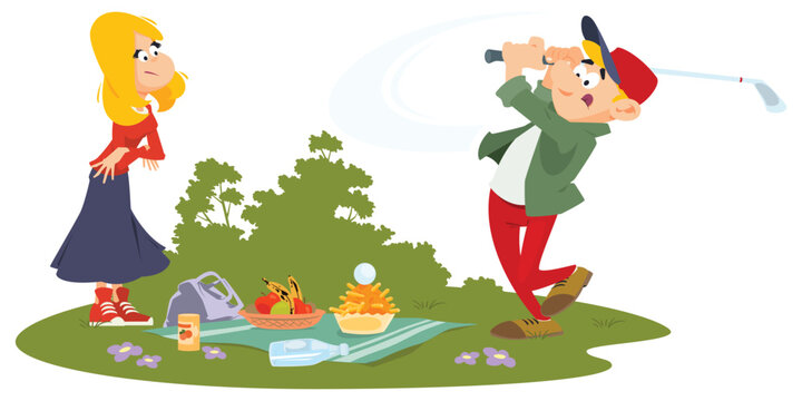 Golfer interferes with people at picnic. Illustration for internet and mobile website.