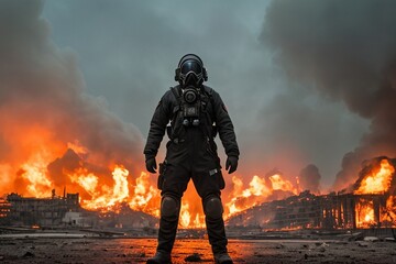 Obraz premium AI Surviving amidst Ruins: Capturing the Resilience of a Man in Radiation Suit post-Nuclear Attack