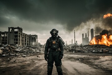 Naklejka premium AI Surviving amidst Ruins: Capturing the Resilience of a Man in Radiation Suit post-Nuclear Attack