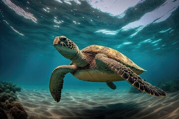 A lovely turtle swims in the ocean. Generative AI
