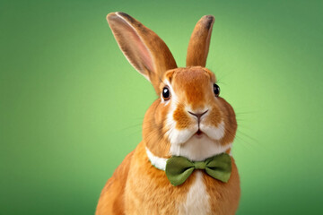 Fototapeta na wymiar Easter Bunny Job, Easter Bunny With Bow Tie, Ginger Rabbit With Bow Tie, Rabbit Applying For The Easter Job, Cute Surprised Bunny, With Copy Space, Green Background, Generative Ai