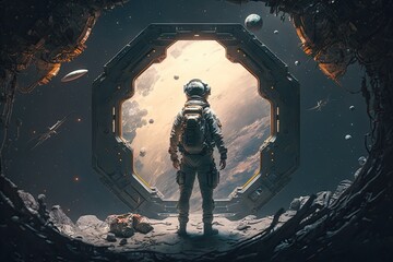 A space scene with a standing astronaut on a spaceship. Generative AI