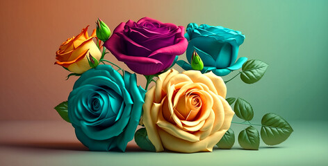 Multicolor roses on pastel color background. Wide image. Generative AI	