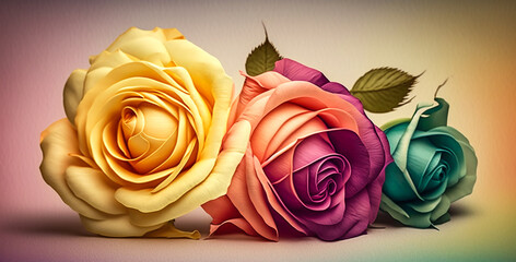 Multicolor roses on pastel color background. Wide image. Generative AI	