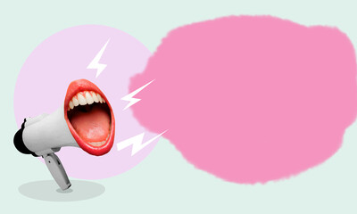 female mouth screaming with a megaphone in the background. Modern design, modern creative art collage.
