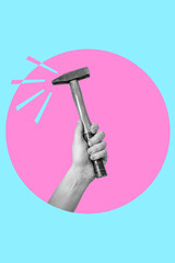 Digital collage with male hand holding hammer
