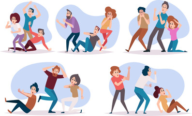 Scared characters. People standing in various poses survivors and scared people exact vector cartoon illustrations