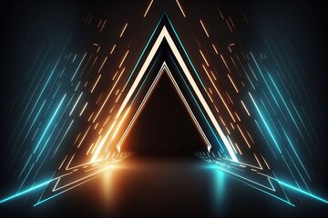 Abstract Triangle tunnel with light, neon lights into digital technology, glowing triangle high-tech style, 
Glowing electric bright neon lines, internet, speed. Generative Ai