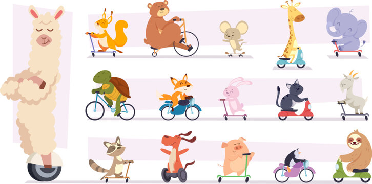 Animals riding. Cartoon mascots wild animals riders various vehicles bikes and scooters exact vector illustrations collection