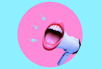 female mouth screaming with a megaphone in the background. Modern design, modern creative art collage.