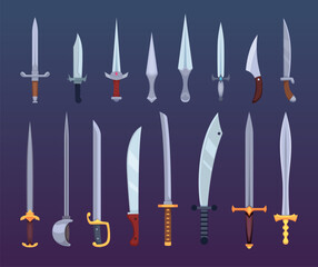 Swords. Fairytale weapons for battle cartoon war with cutting and stabbing swords and knifes exact vector illustrations set