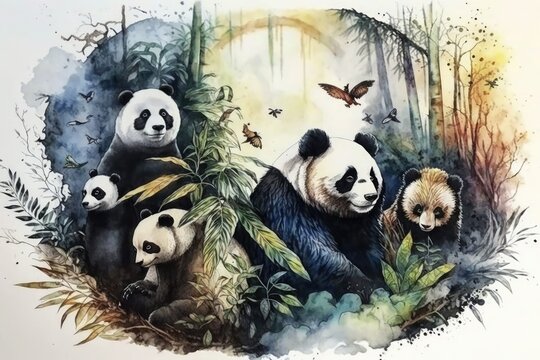 a panda with other animals in the jungle, painted in watercolor. Generative AI