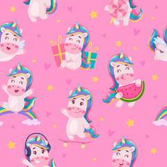 Unicorns pattern. Seamless background with funny cute fairytale animals playing exact vector seamless template
