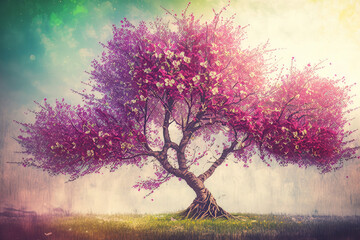 Fototapeta na wymiar A beautiful blossom tree stands over a nature background filled with spring flowers. This captivating scene captures the essence of spring and nature in a stunning visual concept. Generative AI