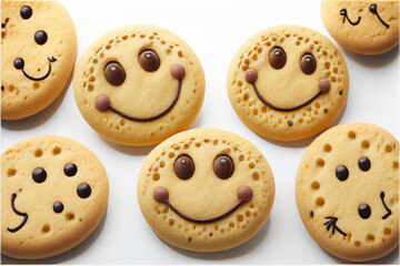 A group of funny cookies, cookies with eyes and smiling faces. AI generated.