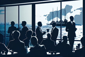 Fototapeta premium Networking event, business meeting, coffee break or buffet, silhouettes of people against the background of a panoramic window.