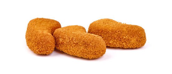 Breaded chicken nuggets, isolated on white background.