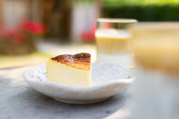 Piece of Basque Burnt Cheesecake on plate.