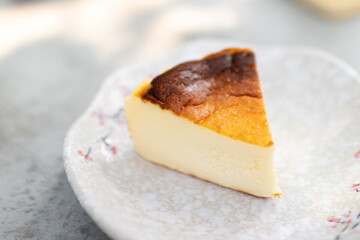 Piece of Basque Burnt Cheesecake on plate.