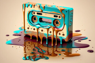 Melting Cassette Tape With Colorful Symbols, Creative Colorful Retro Concept Of Melting Cassette Tape, Symbols Of Celebration And Music Party, Contemporary Art And Old Fashioned Style, Generative Ai