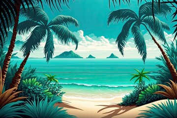 Obraz na płótnie Canvas a picture of a tropical setting with palm palms and a clear sea. Generative AI