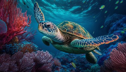  Green Sea Turtle Swimming Among Colorful Coral Reef in Clear Blue Ocean